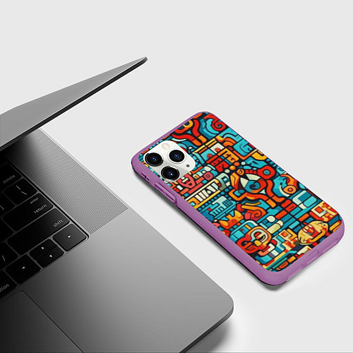 Чехол iPhone 11 Pro матовый Узоры Майя / 3D-Фиолетовый – фото 3