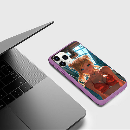 Чехол iPhone 11 Pro матовый Рыжая девушка на фоне труб / 3D-Фиолетовый – фото 3