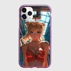 Чехол iPhone 11 Pro матовый Рыжая девушка на фоне труб, цвет: 3D-фиолетовый