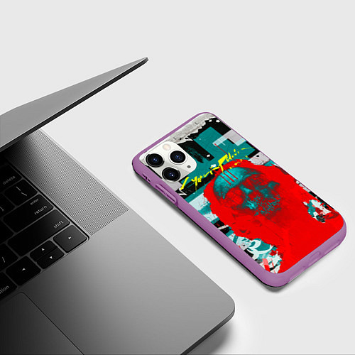 Чехол iPhone 11 Pro матовый Cyberpunk 2077 гранж / 3D-Фиолетовый – фото 3