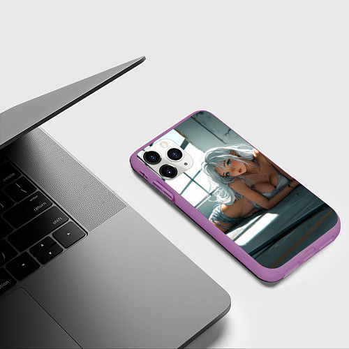 Чехол iPhone 11 Pro матовый Блондинка лежит у окна / 3D-Фиолетовый – фото 3