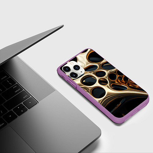 Чехол iPhone 11 Pro матовый Черно-золотая абстракция / 3D-Фиолетовый – фото 3