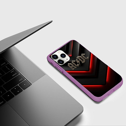 Чехол iPhone 11 Pro матовый ACDC лого из металла на черно-красной текстуре / 3D-Фиолетовый – фото 3