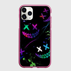 Чехол iPhone 11 Pro матовый Неновые краски - лица крипи смайл, цвет: 3D-малиновый