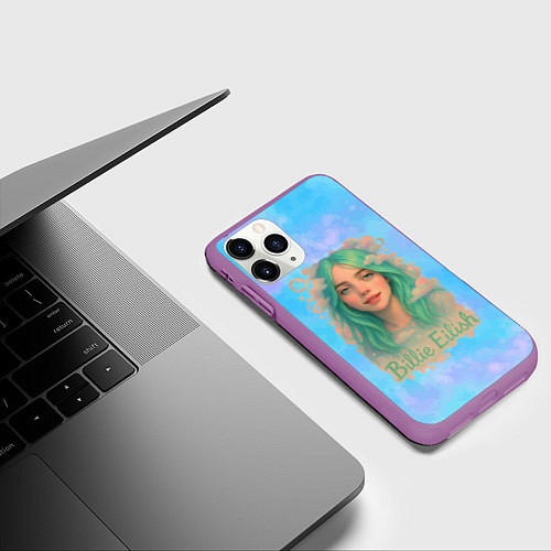 Чехол iPhone 11 Pro матовый Билли Айлиш с зелеными волосами / 3D-Фиолетовый – фото 3