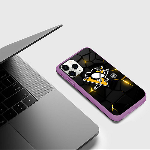 Чехол iPhone 11 Pro матовый Питтсбург Пингвинз - плиты с подсветкой / 3D-Фиолетовый – фото 3