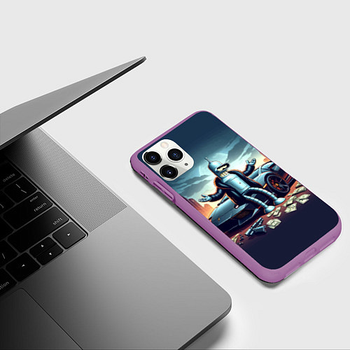 Чехол iPhone 11 Pro матовый Бендер рядом с Ламбо и рассыпанным баблом / 3D-Фиолетовый – фото 3