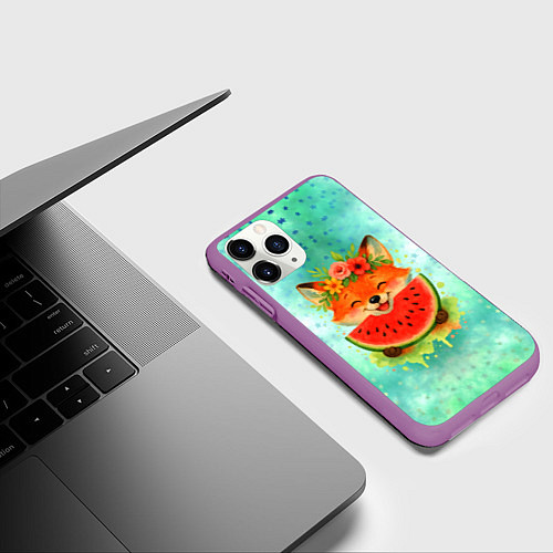 Чехол iPhone 11 Pro матовый Веселая лисичка ест арбуз / 3D-Фиолетовый – фото 3