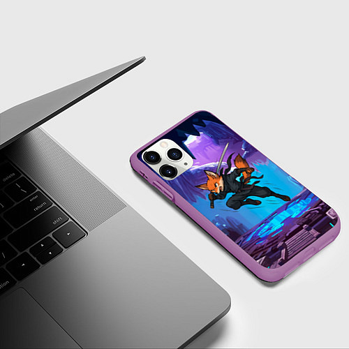 Чехол iPhone 11 Pro матовый Лис ниндзя в прыжке / 3D-Фиолетовый – фото 3