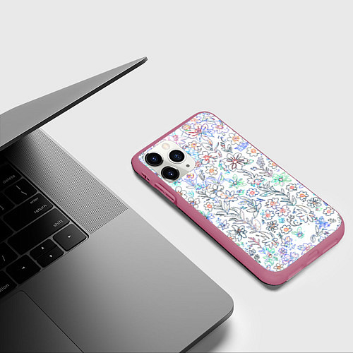 Чехол iPhone 11 Pro матовый Белый в рисованный цветочек / 3D-Малиновый – фото 3