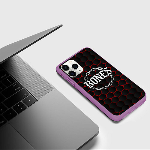 Чехол iPhone 11 Pro матовый Bones лого в цепях / 3D-Фиолетовый – фото 3