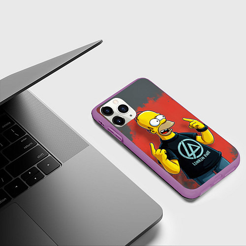 Чехол iPhone 11 Pro матовый Гомер в футболке Linkin Park / 3D-Фиолетовый – фото 3