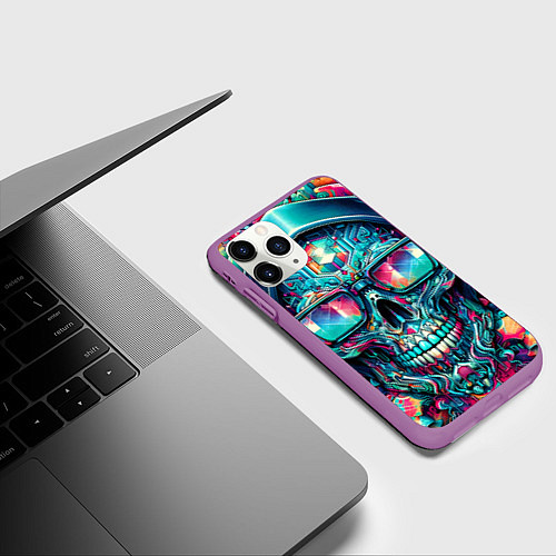 Чехол iPhone 11 Pro матовый Кибер череп в балахоне и очках - нейроарт фантазия / 3D-Фиолетовый – фото 3