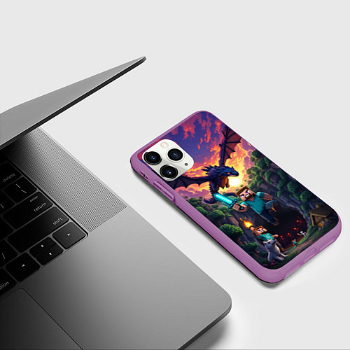 Чехол iPhone 11 Pro матовый Дракон края и Стив - Майнкрафт арт / 3D-Фиолетовый – фото 3