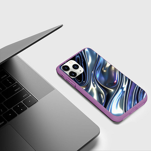Чехол iPhone 11 Pro матовый Серебро жидкий металл / 3D-Фиолетовый – фото 3