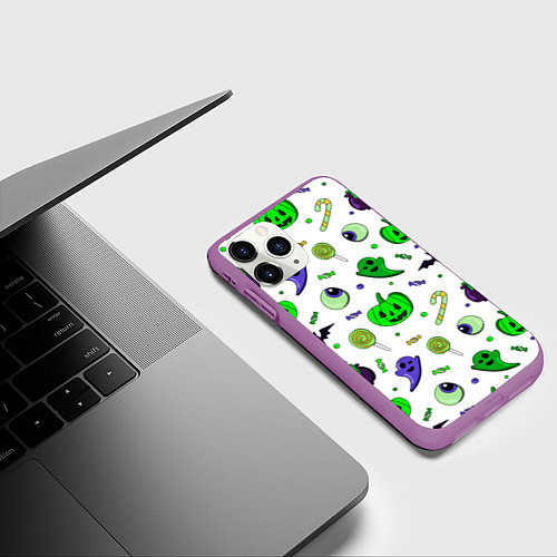 Чехол iPhone 11 Pro матовый Halloween light green pumpkin ghost pattern / 3D-Фиолетовый – фото 3