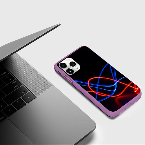 Чехол iPhone 11 Pro матовый Красно синие неоновые линии на черном фоне / 3D-Фиолетовый – фото 3