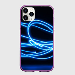 Чехол iPhone 11 Pro матовый Неоновые голубые волны на черном фоне, цвет: 3D-фиолетовый