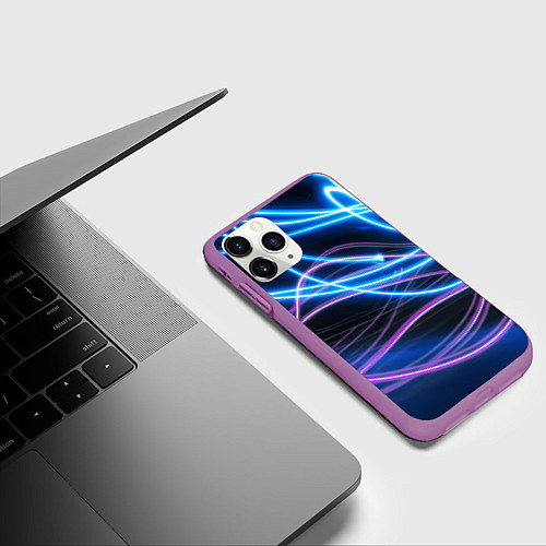 Чехол iPhone 11 Pro матовый Неоновая абстракция на темном / 3D-Фиолетовый – фото 3