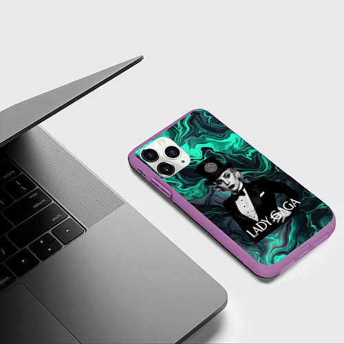 Чехол iPhone 11 Pro матовый Леди Гага в черном костюме с бабочкой / 3D-Фиолетовый – фото 3