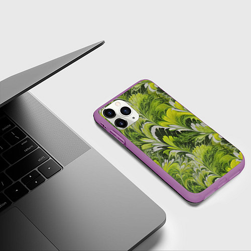 Чехол iPhone 11 Pro матовый Мраморный абстрактный паттерн - зеленые и желтые о / 3D-Фиолетовый – фото 3