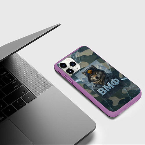 Чехол iPhone 11 Pro матовый Волк в ушанке - ВМФ / 3D-Фиолетовый – фото 3