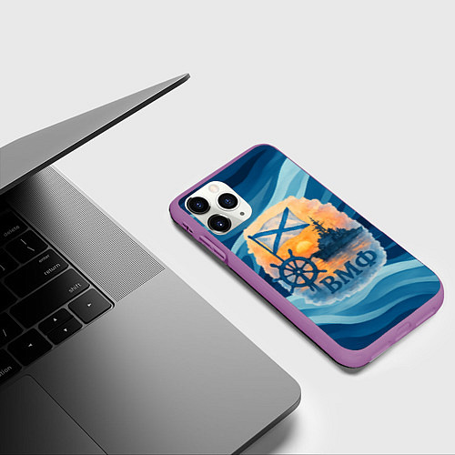 Чехол iPhone 11 Pro матовый ВМФ корабль на фоне заката / 3D-Фиолетовый – фото 3