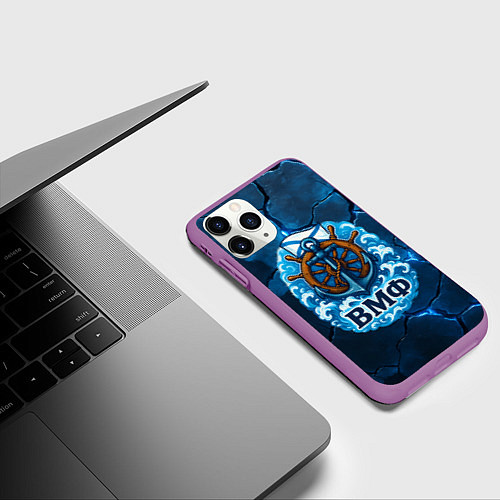 Чехол iPhone 11 Pro матовый Штурвал ВМФ - на фоне светящихся разломов / 3D-Фиолетовый – фото 3