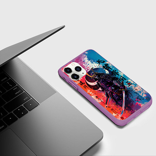 Чехол iPhone 11 Pro матовый Призрачный самурай - краски / 3D-Фиолетовый – фото 3