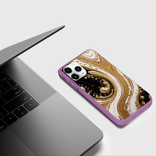 Чехол iPhone 11 Pro матовый Черный агат и жидкое золото / 3D-Фиолетовый – фото 3