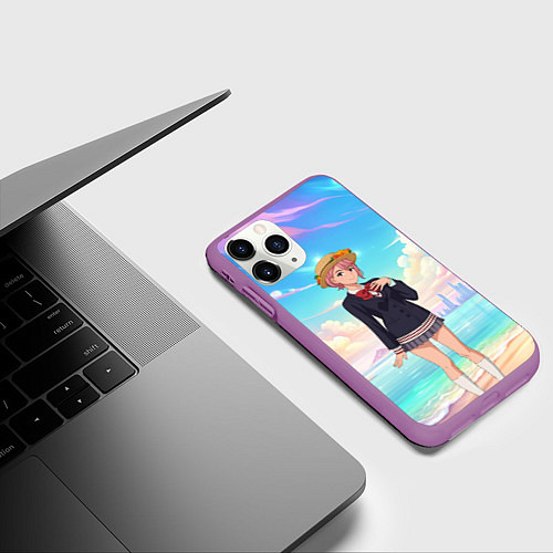 Чехол iPhone 11 Pro матовый Дандадан Сиратори Айра на берегу моря / 3D-Фиолетовый – фото 3