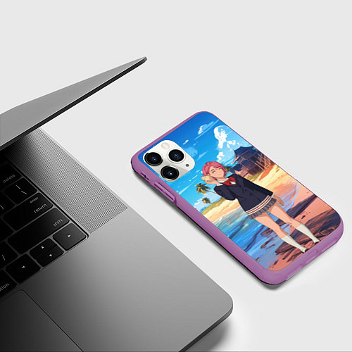 Чехол iPhone 11 Pro матовый Дандадан Сиратори Айра с ракушкой в руках / 3D-Фиолетовый – фото 3