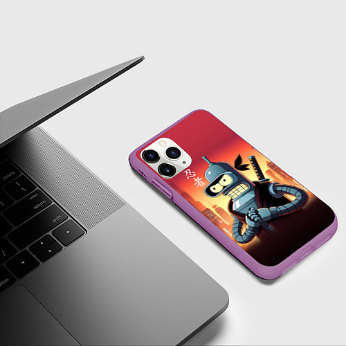 Чехол iPhone 11 Pro матовый Крутой ниндзя Бендер в ночном городе / 3D-Фиолетовый – фото 3