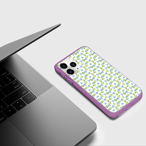 Чехол iPhone 11 Pro матовый Мелкие синие цветы ретро на белом фоне / 3D-Фиолетовый – фото 3