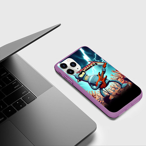 Чехол iPhone 11 Pro матовый Бендер рок гитарист - группа Футурама / 3D-Фиолетовый – фото 3