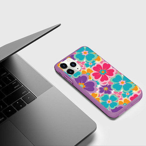 Чехол iPhone 11 Pro матовый Яркий цветочный калейдоскоп - узор в стиле ретро / 3D-Фиолетовый – фото 3
