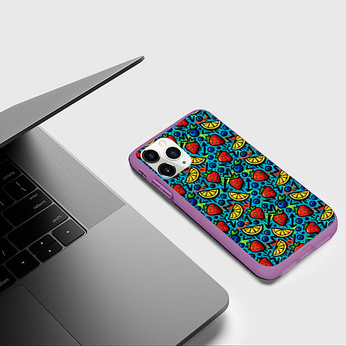 Чехол iPhone 11 Pro матовый Летний вайб - фрукты и ягоды паттерн / 3D-Фиолетовый – фото 3