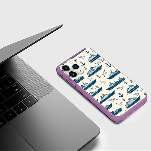 Чехол iPhone 11 Pro матовый Морской паттерн из чаек, якорей и кораблей / 3D-Фиолетовый – фото 3