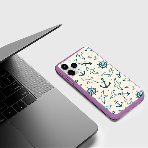 Чехол iPhone 11 Pro матовый Морской паттерн из штурвалов, чаек и якорей / 3D-Фиолетовый – фото 3