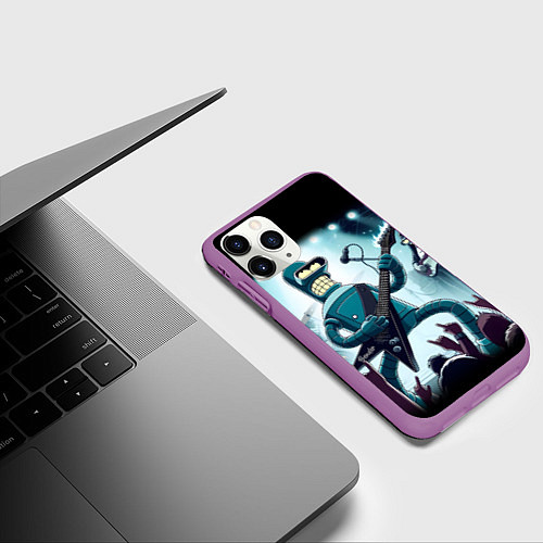 Чехол iPhone 11 Pro матовый Гитарист Бендер из рок группы Футурамы / 3D-Фиолетовый – фото 3