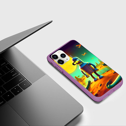 Чехол iPhone 11 Pro матовый Робот-сгибальщик Бендер на планете крокодилов / 3D-Фиолетовый – фото 3