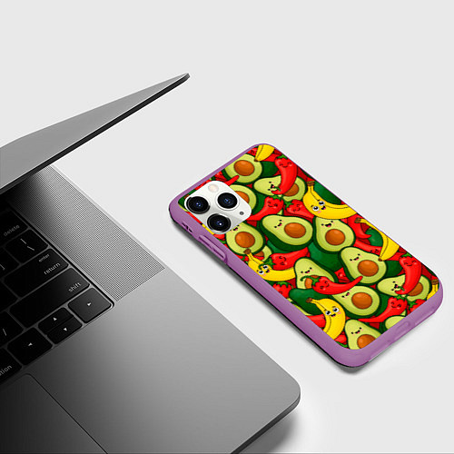 Чехол iPhone 11 Pro матовый Авокадо, бананы, перцы чили улыбаются - паттерн фр / 3D-Фиолетовый – фото 3