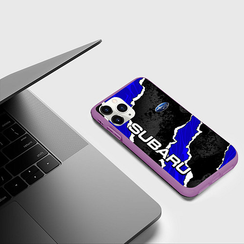 Чехол iPhone 11 Pro матовый Subaru - синий разрыв / 3D-Фиолетовый – фото 3