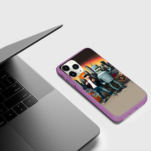 Чехол iPhone 11 Pro матовый Фрай и Бендер на фоне стены с граффити / 3D-Фиолетовый – фото 3