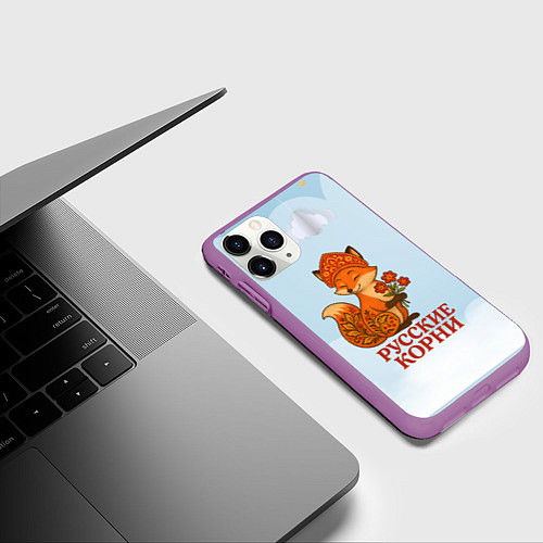 Чехол iPhone 11 Pro матовый Русская душа - лисица / 3D-Фиолетовый – фото 3