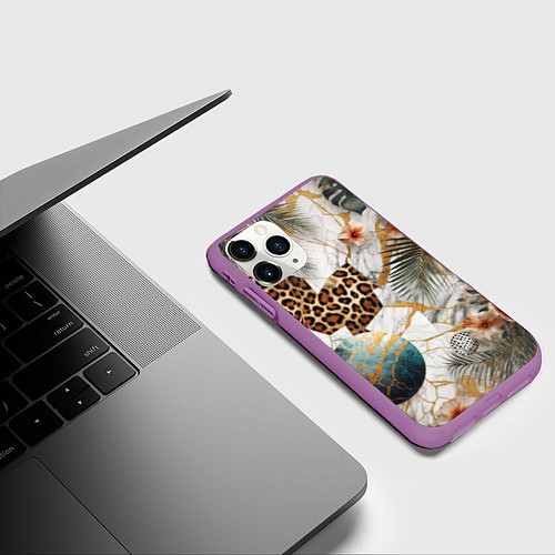 Чехол iPhone 11 Pro матовый Мрамор с цветами и леопардовый узор / 3D-Фиолетовый – фото 3