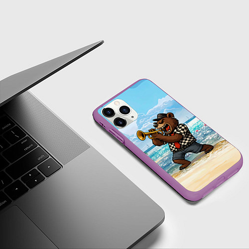 Чехол iPhone 11 Pro матовый Медведь играет ска на пляже / 3D-Фиолетовый – фото 3