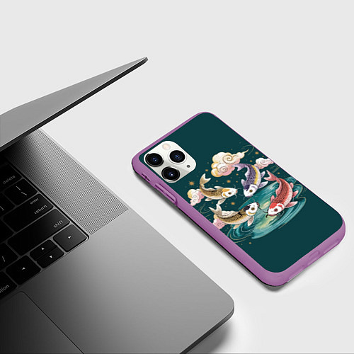 Чехол iPhone 11 Pro матовый Рыбы в облаках над прудом / 3D-Фиолетовый – фото 3