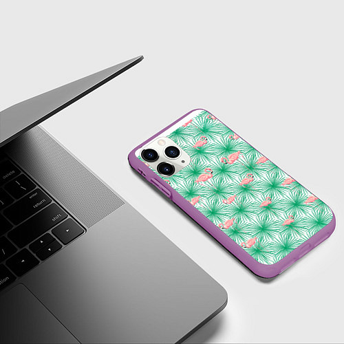 Чехол iPhone 11 Pro матовый Фламинго и тропики / 3D-Фиолетовый – фото 3