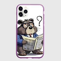 Чехол iPhone 11 Pro матовый Бобр - интеллигент с газетой, цвет: 3D-фиолетовый